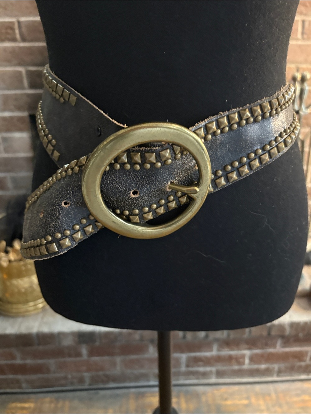 Brown Leather Belt with Brass Studs and Round Brass Buckle